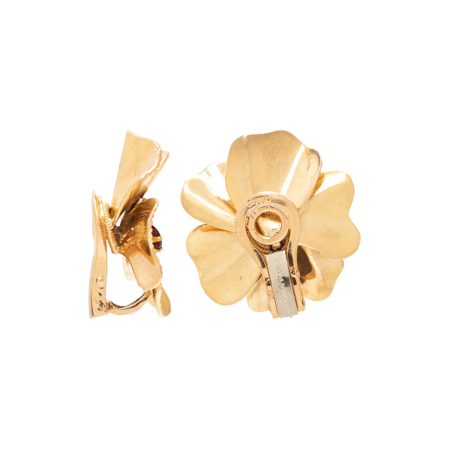 RÉGNER, FRANCE, RETRO, YELLOW GOLD, RUBY AND DIAMOND EARCLIPS