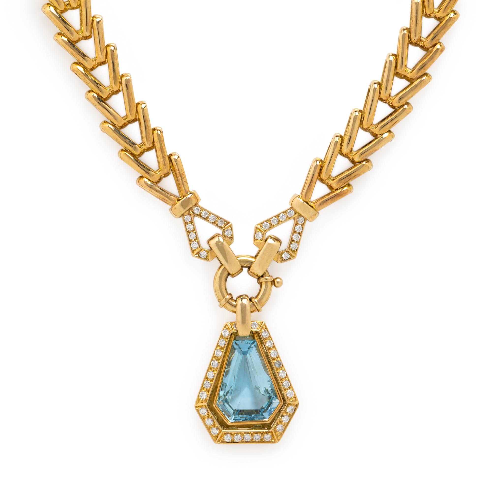 YELLOW GOLD, AQUAMARINE, AND DIAMOND NECKLACE