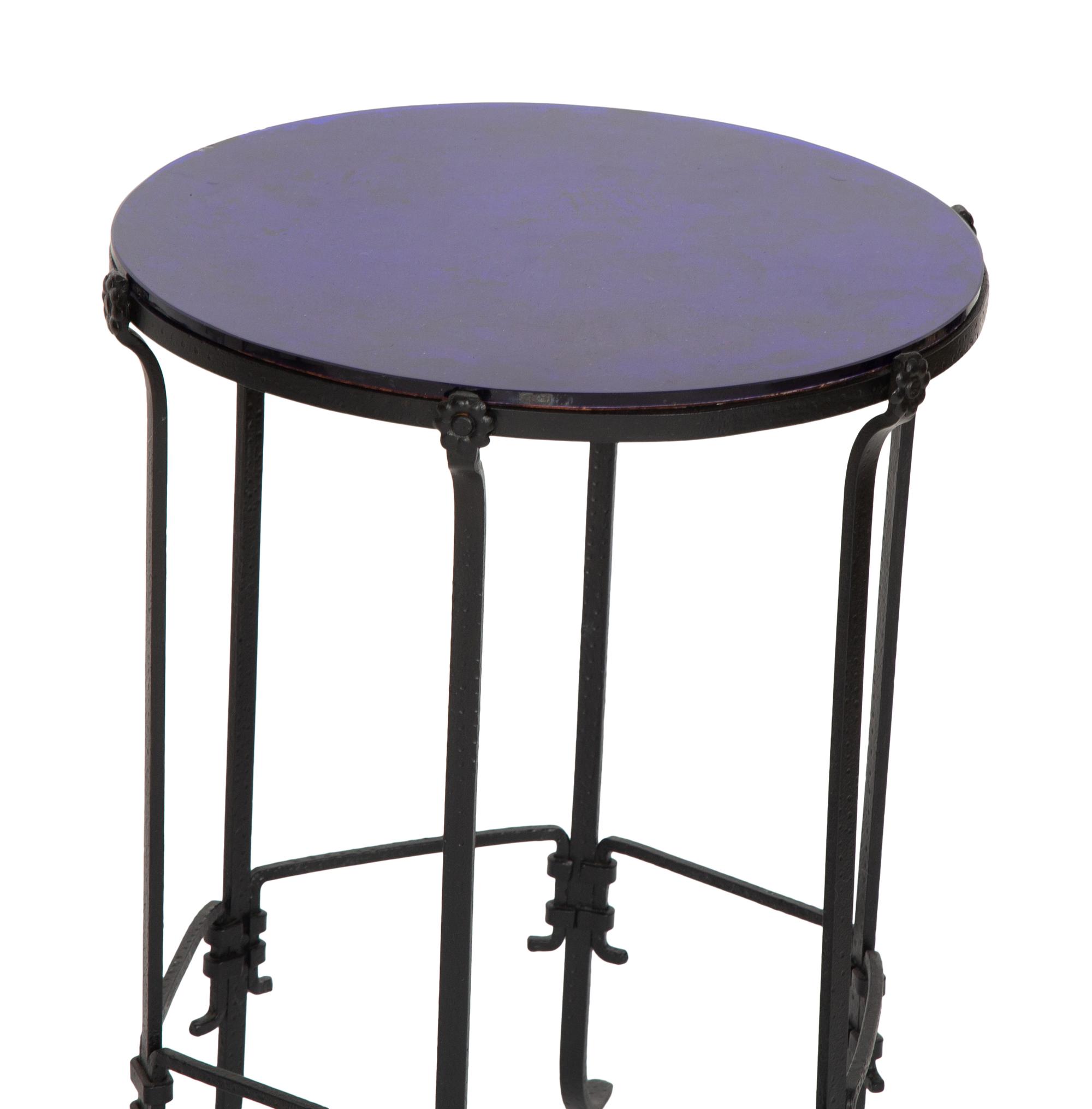 A Mirror and Brass Low Table and Associated Blue Glass and Wrought Iron Occasional Table