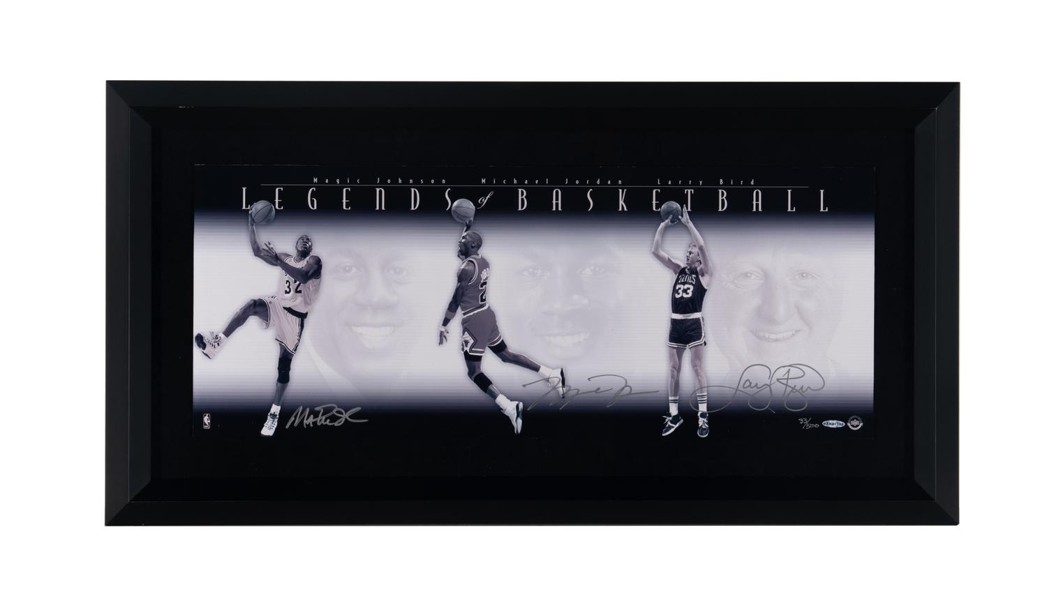 A Michael Jordan, Larry Bird and Magic Johnson Signed Autograph Legends of Basketball Large Framed Display (Upper Deck Authenticated) - Platinum Edition