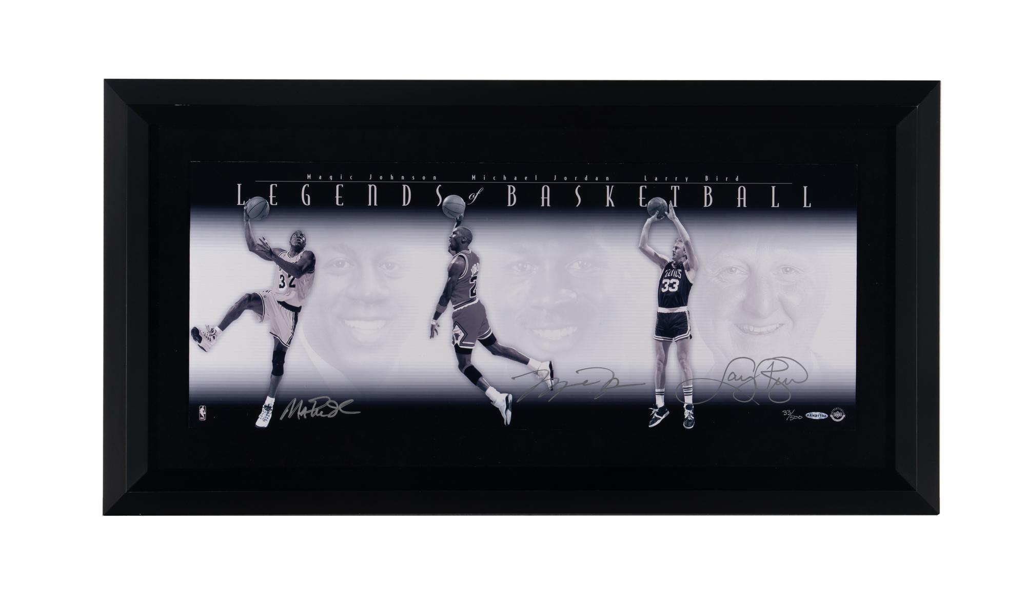 A Michael Jordan, Larry Bird and Magic Johnson Signed Autograph Legends of Basketball Large Framed Display (Upper Deck Authenticated) - Platinum Edition