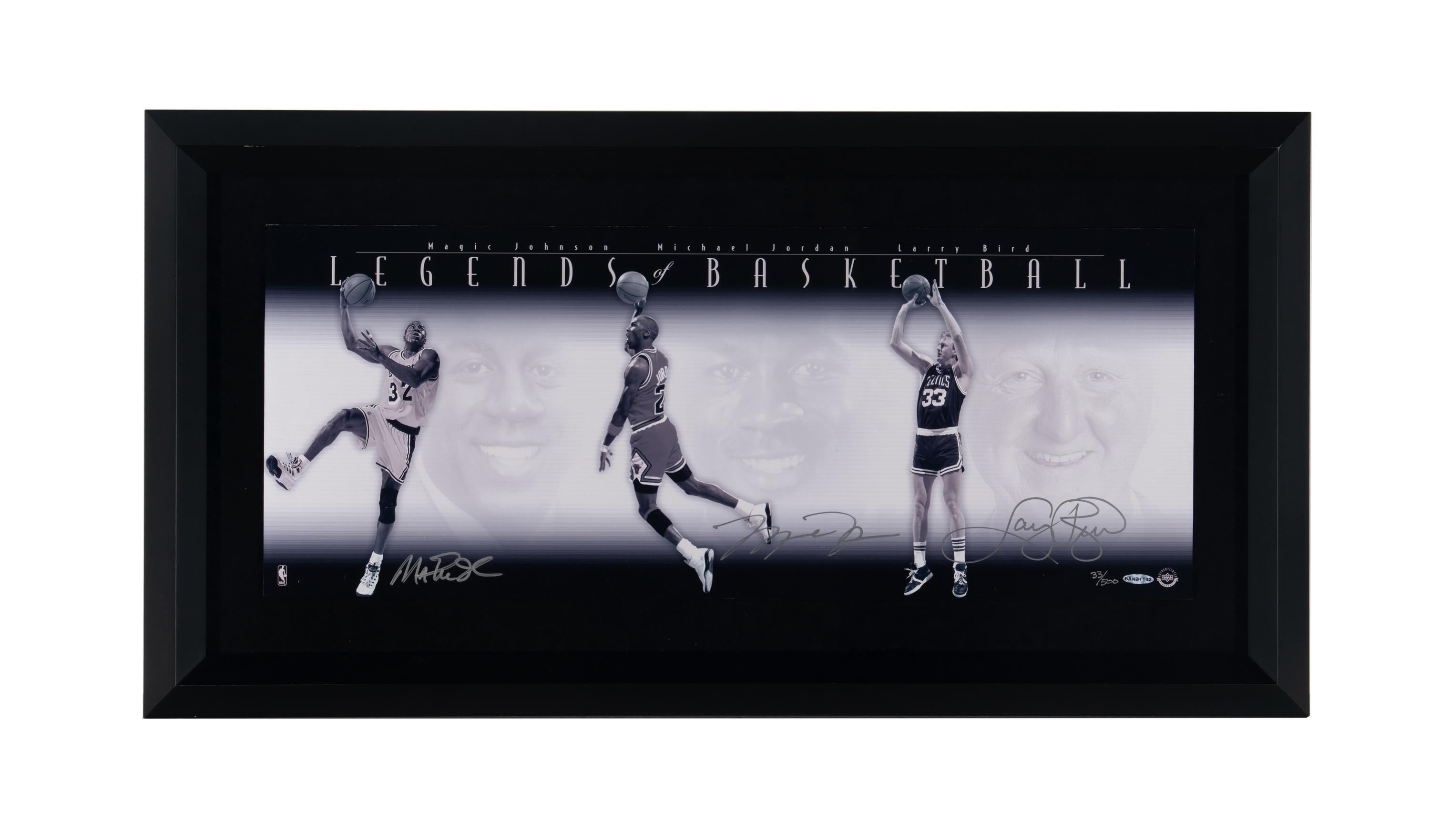 A Michael Jordan, Larry Bird and Magic Johnson Signed Autograph Legends of Basketball Large Framed Display (Upper Deck Authenticated) - Platinum Edition