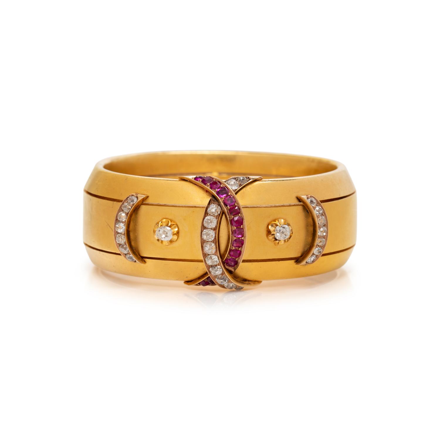 ANTIQUE, RUSSIAN, YELLOW GOLD, DIAMOND, AND RUBY BANGLE BRACELET