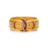 ANTIQUE, RUSSIAN, YELLOW GOLD, DIAMOND, AND RUBY BANGLE BRACELET