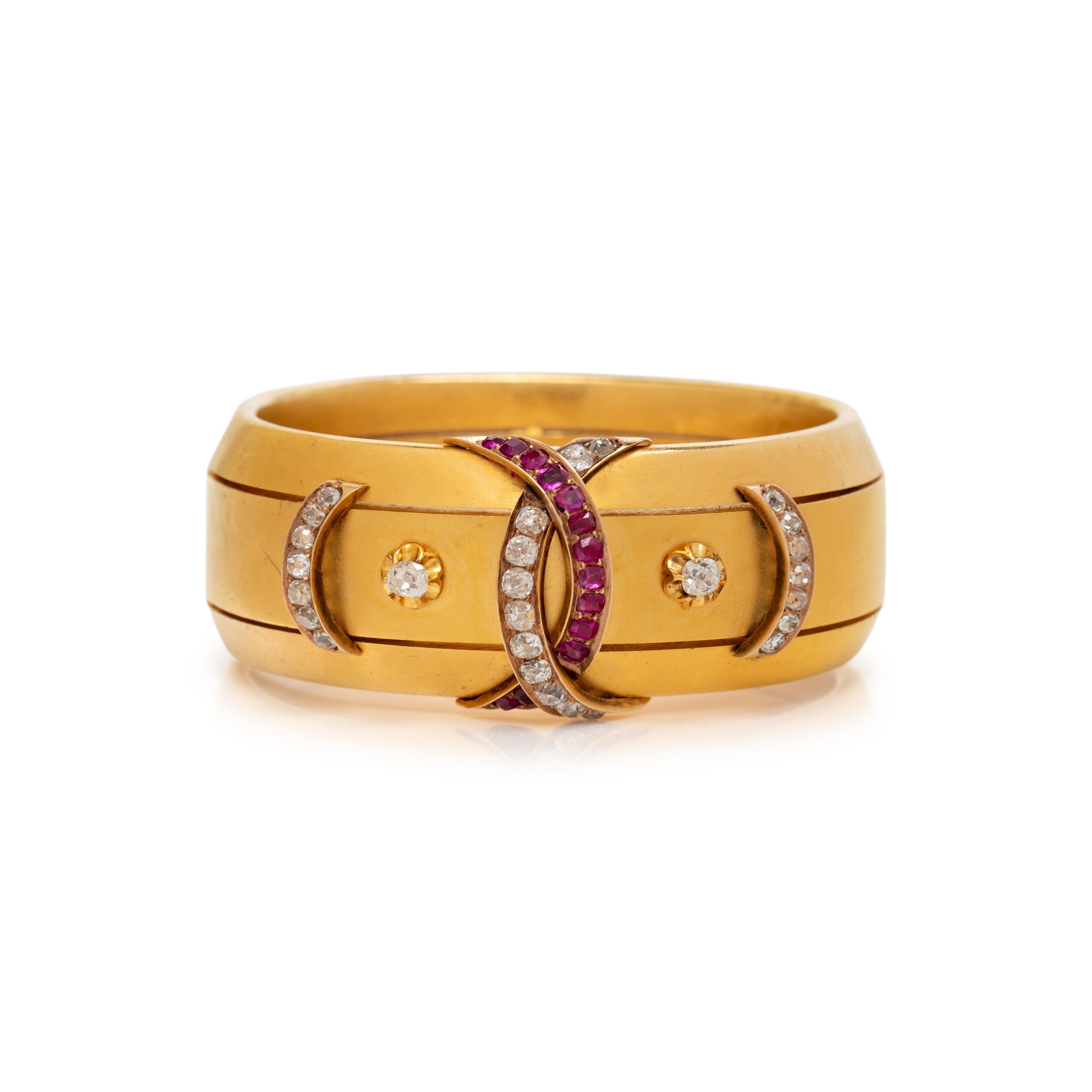 ANTIQUE, RUSSIAN, YELLOW GOLD, DIAMOND, AND RUBY BANGLE BRACELET