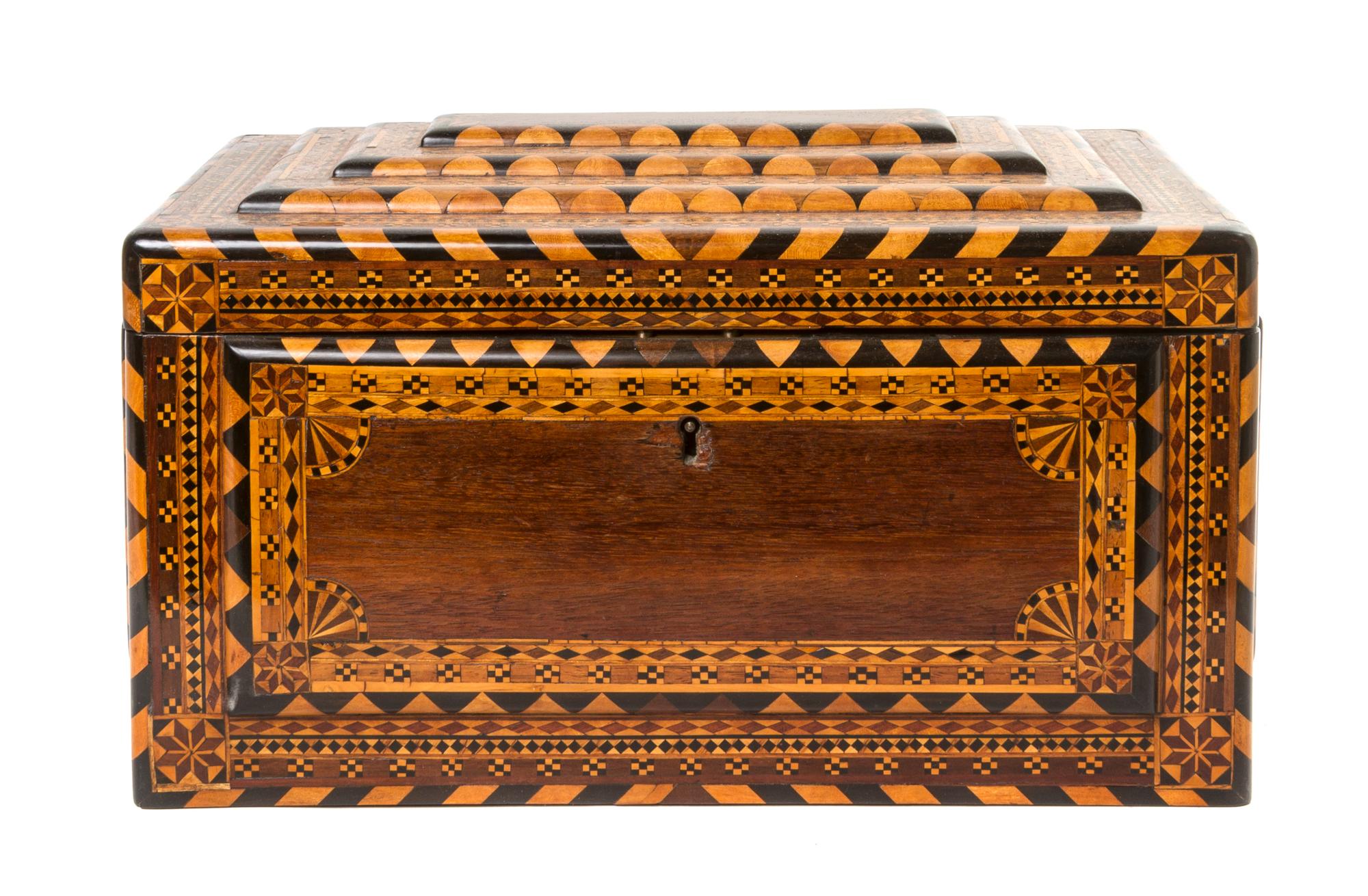 A Continental Parquetry Table Casket, Width 14 3/4 inches.