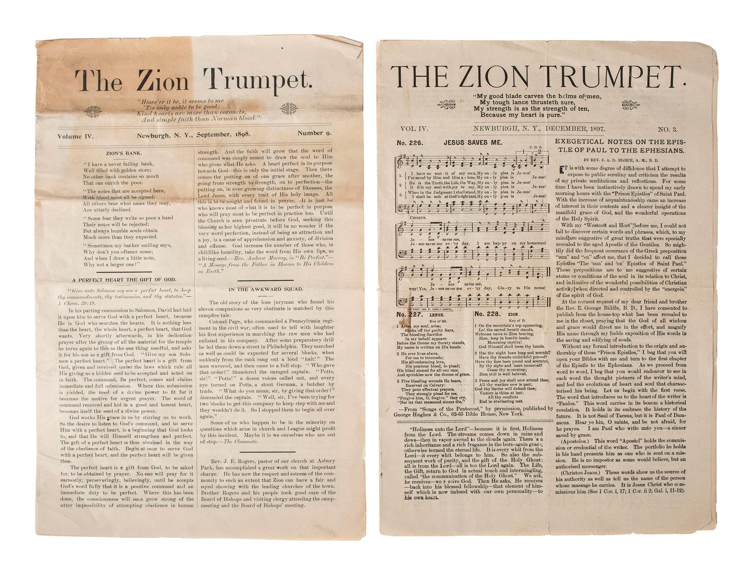 [CIVIL WAR]. Two issues of The Zion Trumpet , published by the Rev. Eli George Biddle (1846-1940), veteran of the 54th Massachusetts Infantry regiment.