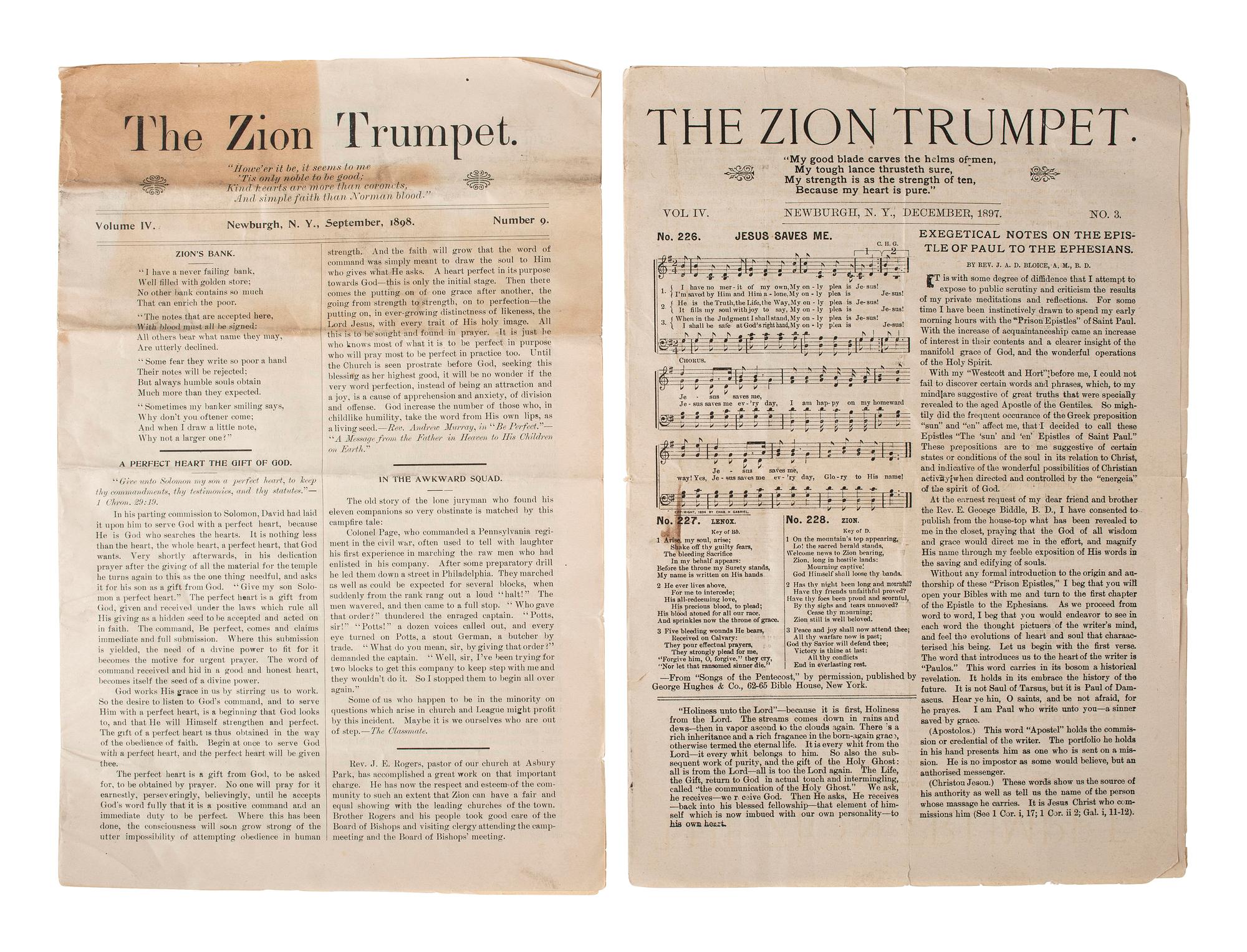 [CIVIL WAR]. Two issues of The Zion Trumpet , published by the Rev. Eli George Biddle (1846-1940), veteran of the 54th Massachusetts Infantry regiment.