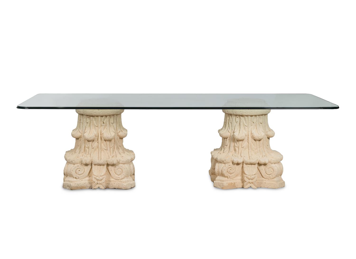 A Glass-Top Dining Table with Dual Composition Pedestal Base