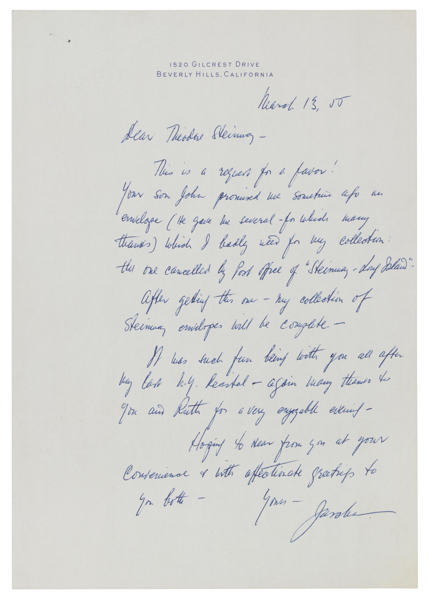 HEIFETZ, Jascha (1901-1987). Autograph letter signed ("Jascha"), to Theodore Steinway. Beverly Hills, 13 March 1955.