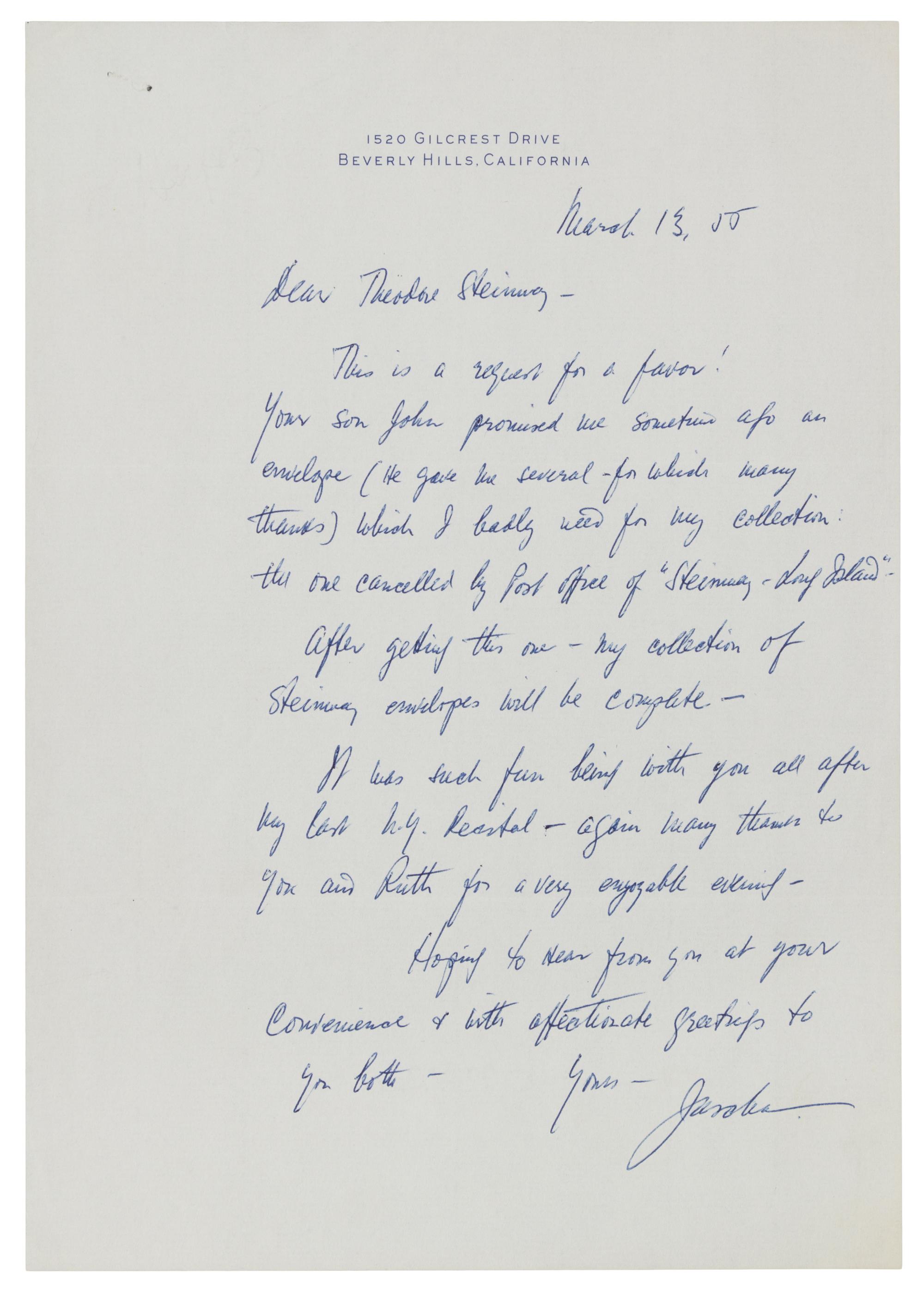 HEIFETZ, Jascha (1901-1987). Autograph letter signed ("Jascha"), to Theodore Steinway. Beverly Hills, 13 March 1955.