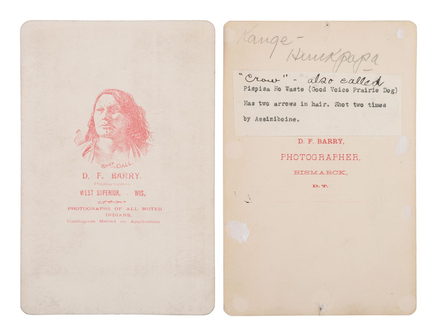 BARRY, David F. (1854-1934), photographer. Cabinet cards of Little Bighorn participants Chief Crow and Belly Fat, KIA at LBH.