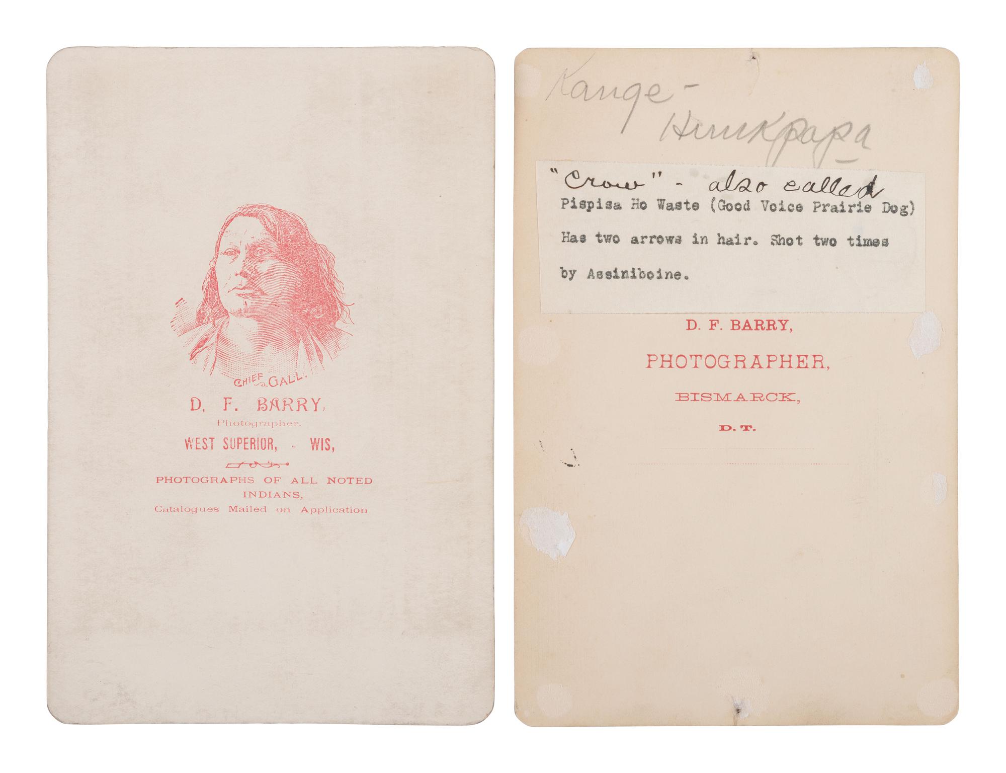 BARRY, David F. (1854-1934), photographer. Cabinet cards of Little Bighorn participants Chief Crow and Belly Fat, KIA at LBH.