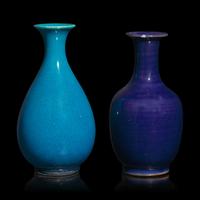 Two Chinese Blue Glazed Porcelain Vases, Late Qing Dynasty — 清晚期 孔雀藍釉玉壺春瓶及祭藍釉賞瓶