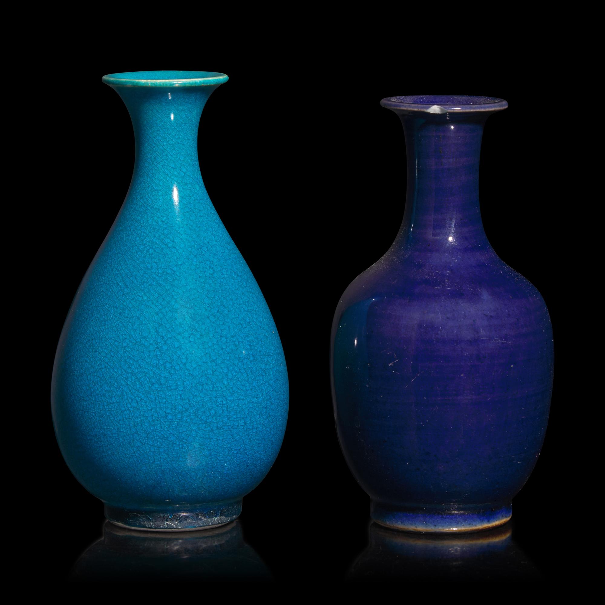 Two Chinese Blue Glazed Porcelain Vases, Late Qing Dynasty — 清晚期 孔雀藍釉玉壺春瓶及祭藍釉賞瓶