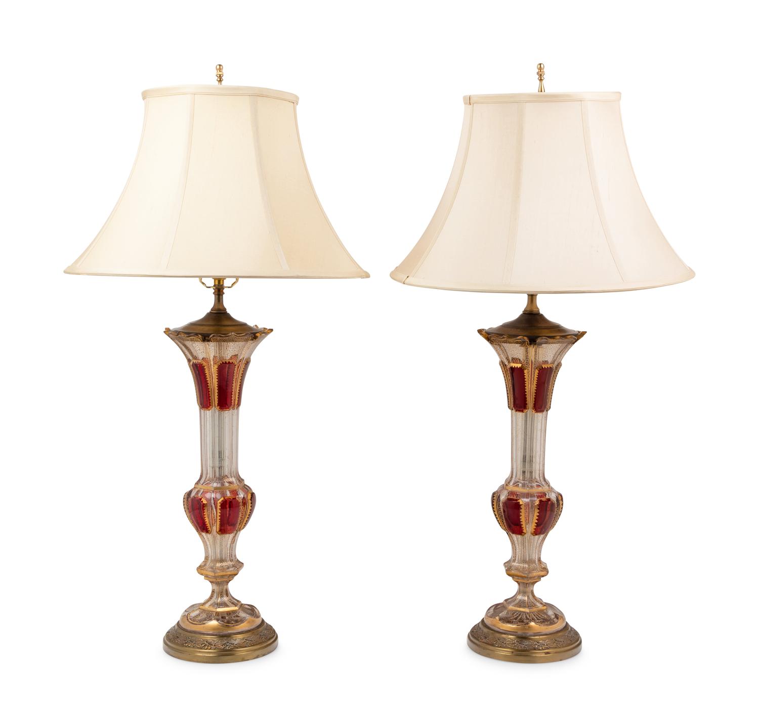 A Pair of Bohemian Cranberry and Clear Glass Vases Mounted as Lamps