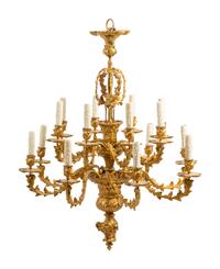 A Pair of Louis XV Style Gilt Bronze Sixteen-Light Chandeliers