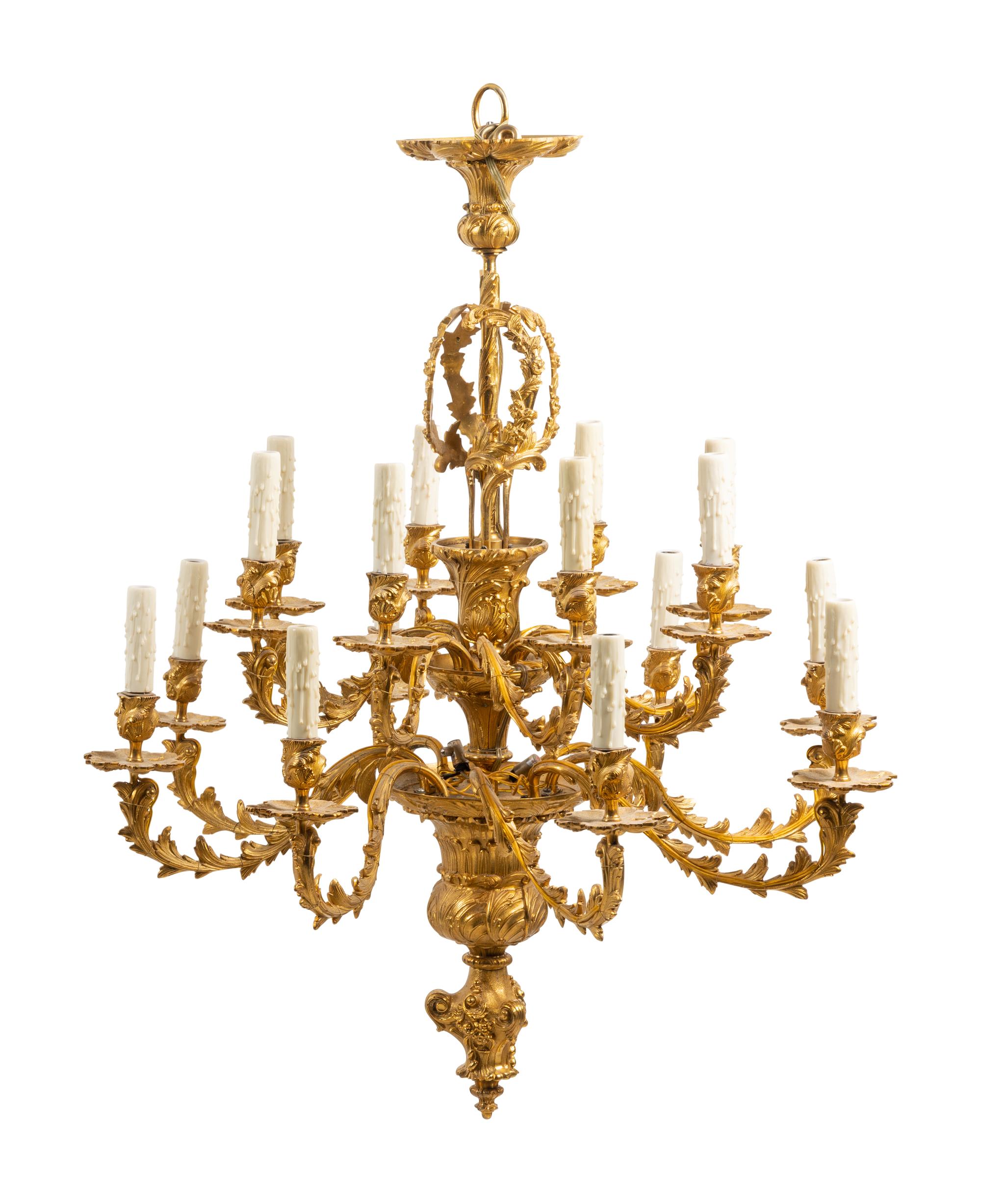 A Pair of Louis XV Style Gilt Bronze Sixteen-Light Chandeliers