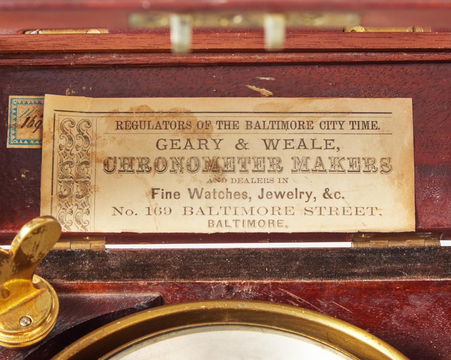 A brass and mahogany marine chronometer, Bliss & Creighton, New York, NY, retailed by Geary & Weale, Baltimore, MD, circa 1850s