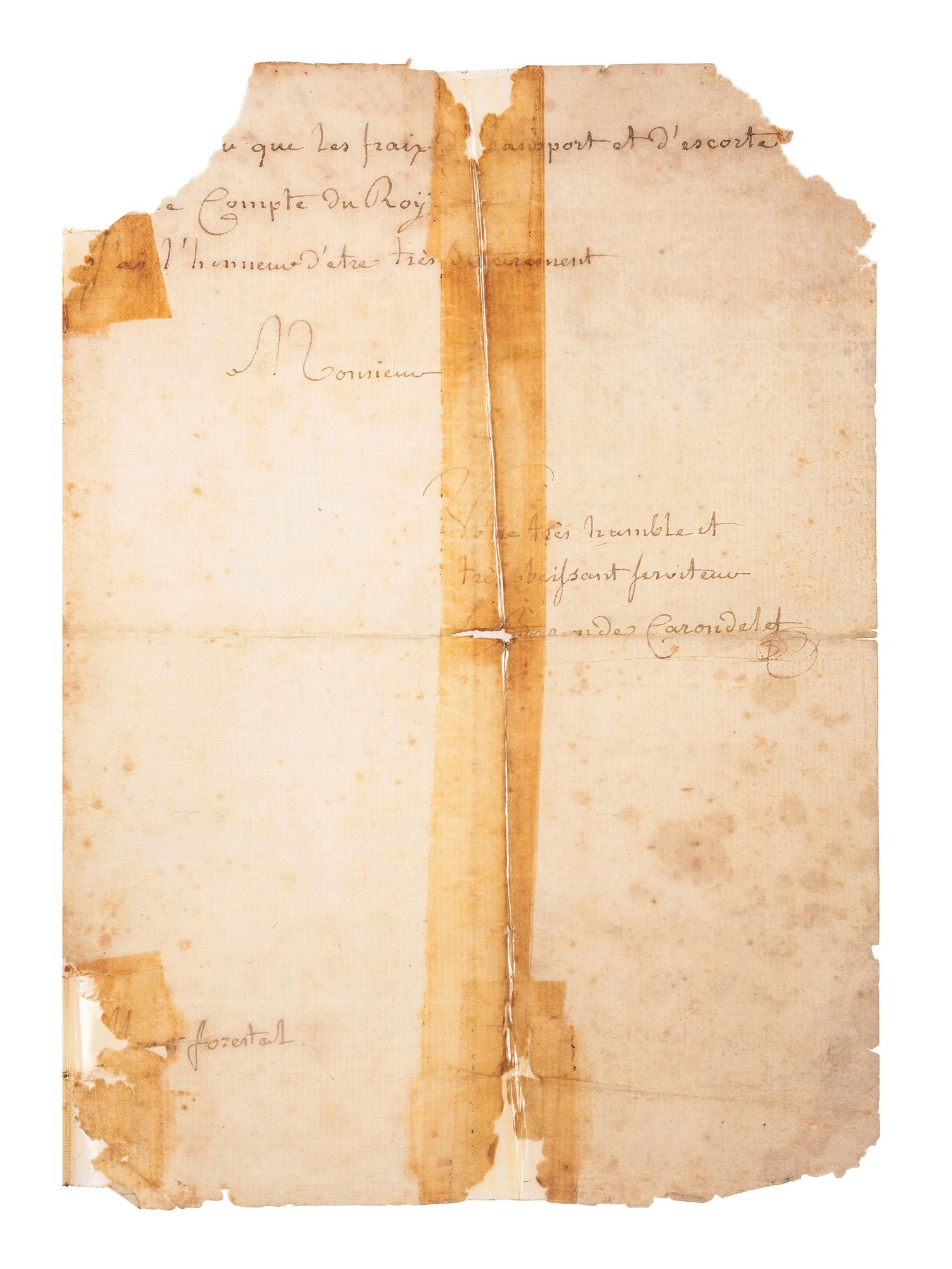 DE CARONDELET, Francisco Luis Héctor (1748-1807). Autograph letter signed ("Le Baron De Corondelet"), to the Alcalde Forstal. New Orleans, Louisiana, 18 September 1793.