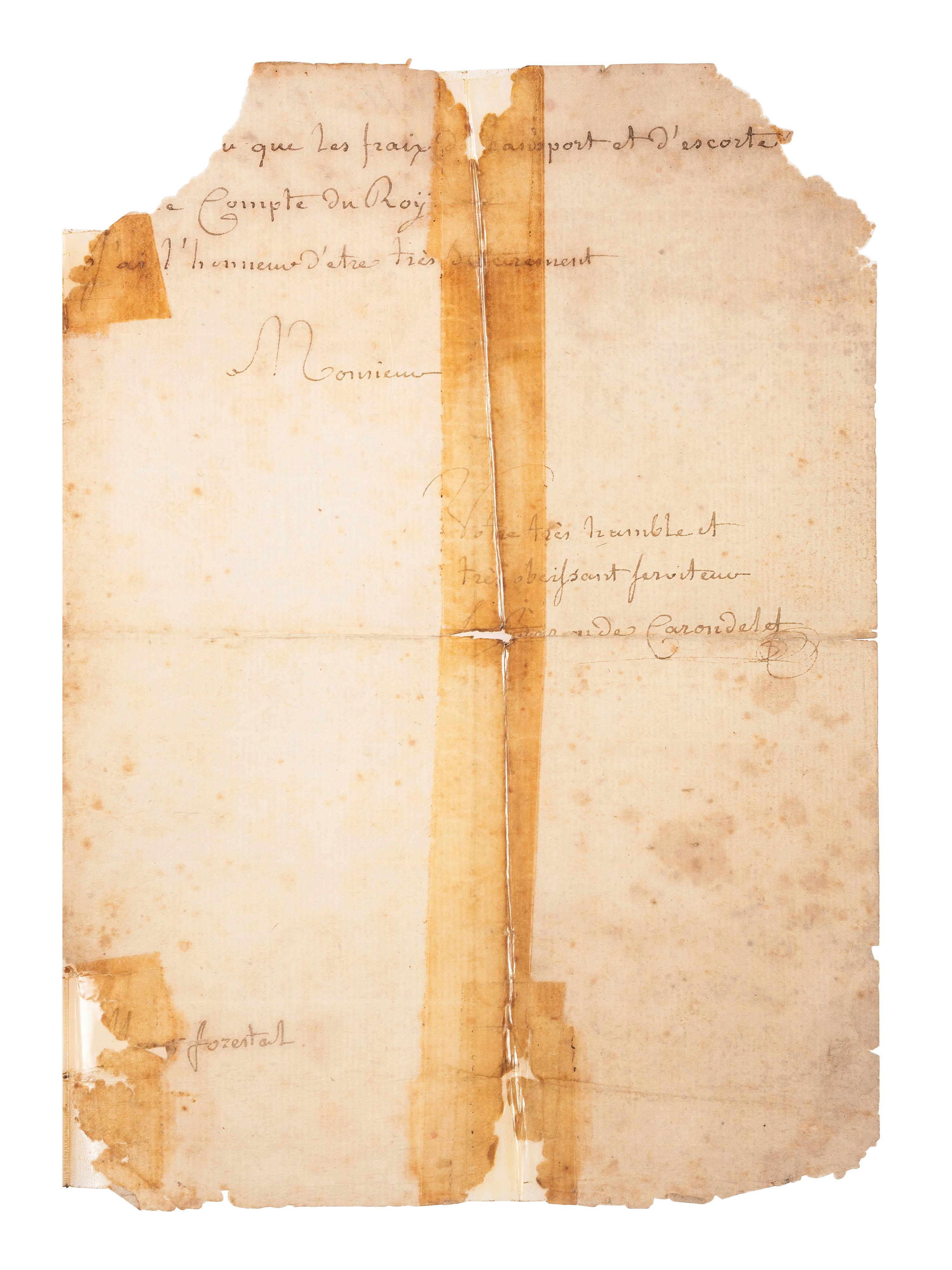 DE CARONDELET, Francisco Luis Héctor (1748-1807). Autograph letter signed ("Le Baron De Corondelet"), to the Alcalde Forstal. New Orleans, Louisiana, 18 September 1793.