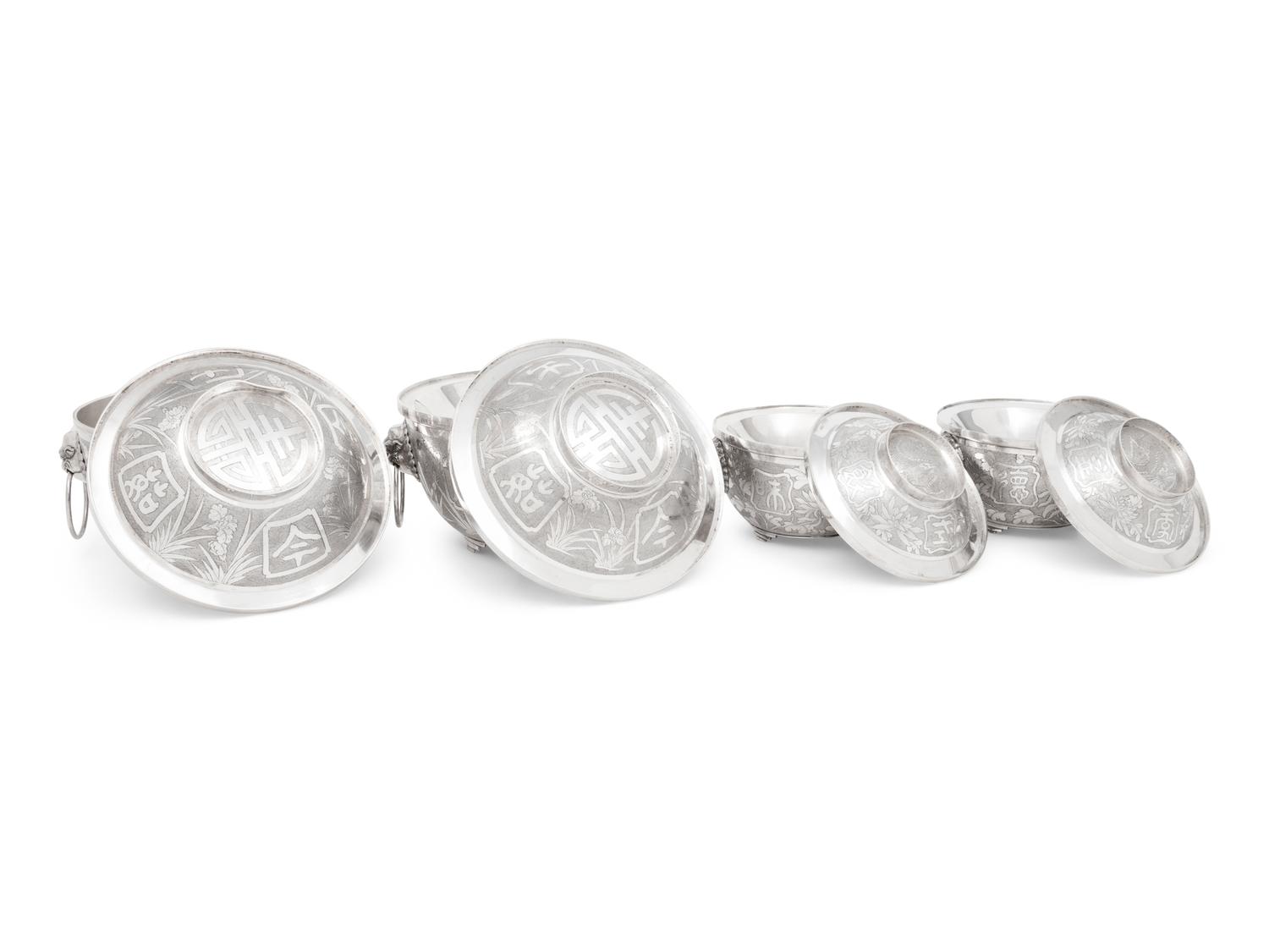 Two Pairs of Chinese Export Silver Covered Bowls