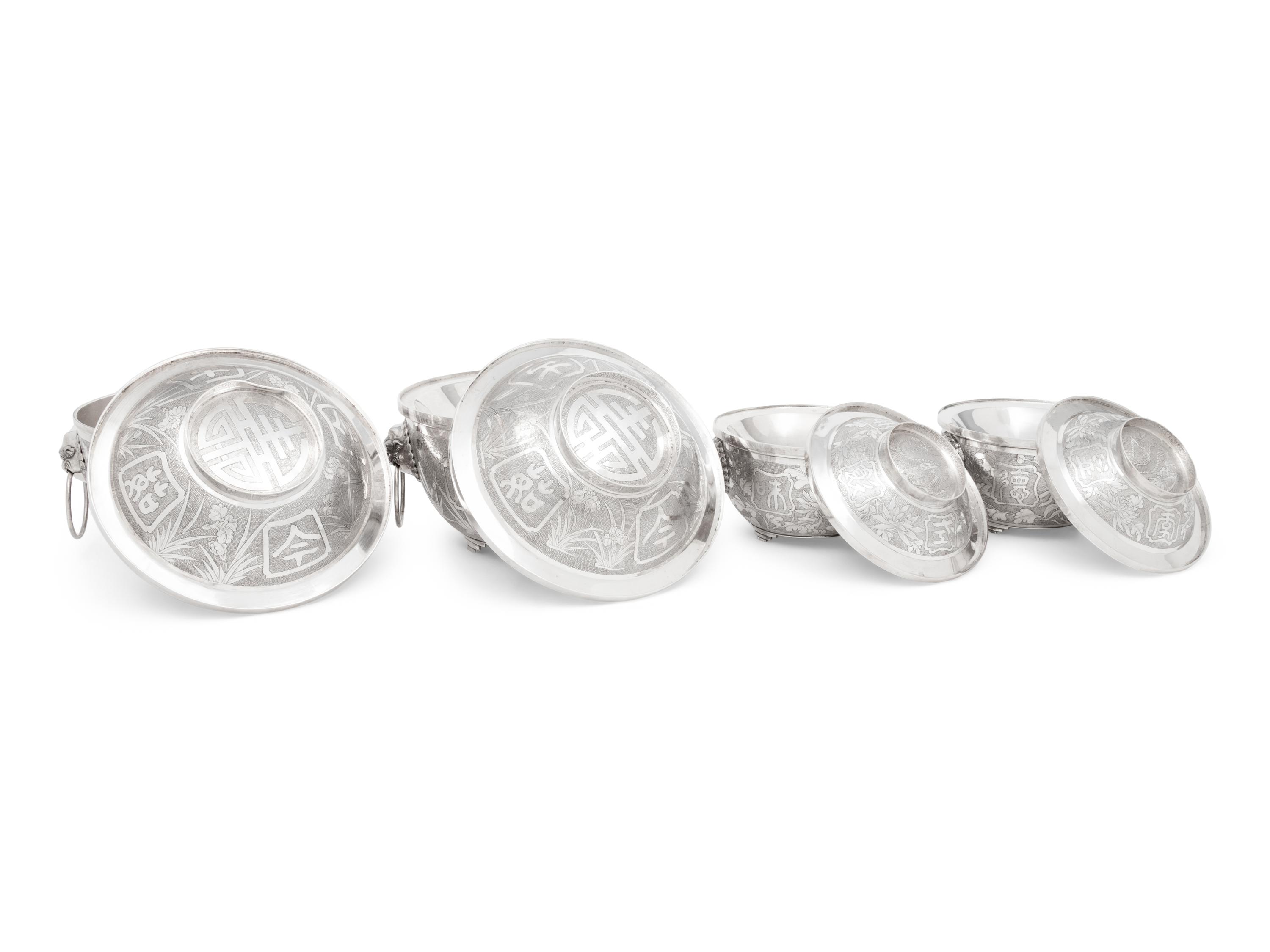 Two Pairs of Chinese Export Silver Covered Bowls