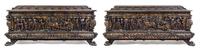 A Pair of Italian Renaissance Style Parcel Gilt Walnut Cassoni Height 32 x width 72 x depth 25 inches. — 19TH CENTURY WITH 17TH CENTURY ELEMENTS