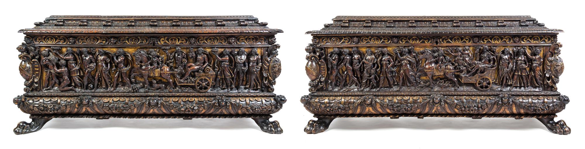 A Pair of Italian Renaissance Style Parcel Gilt Walnut Cassoni Height 32 x width 72 x depth 25 inches. — 19TH CENTURY WITH 17TH CENTURY ELEMENTS