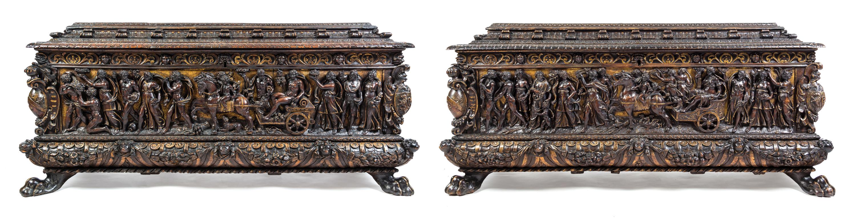 A Pair of Italian Renaissance Style Parcel Gilt Walnut Cassoni Height 32 x width 72 x depth 25 inches. — 19TH CENTURY WITH 17TH CENTURY ELEMENTS