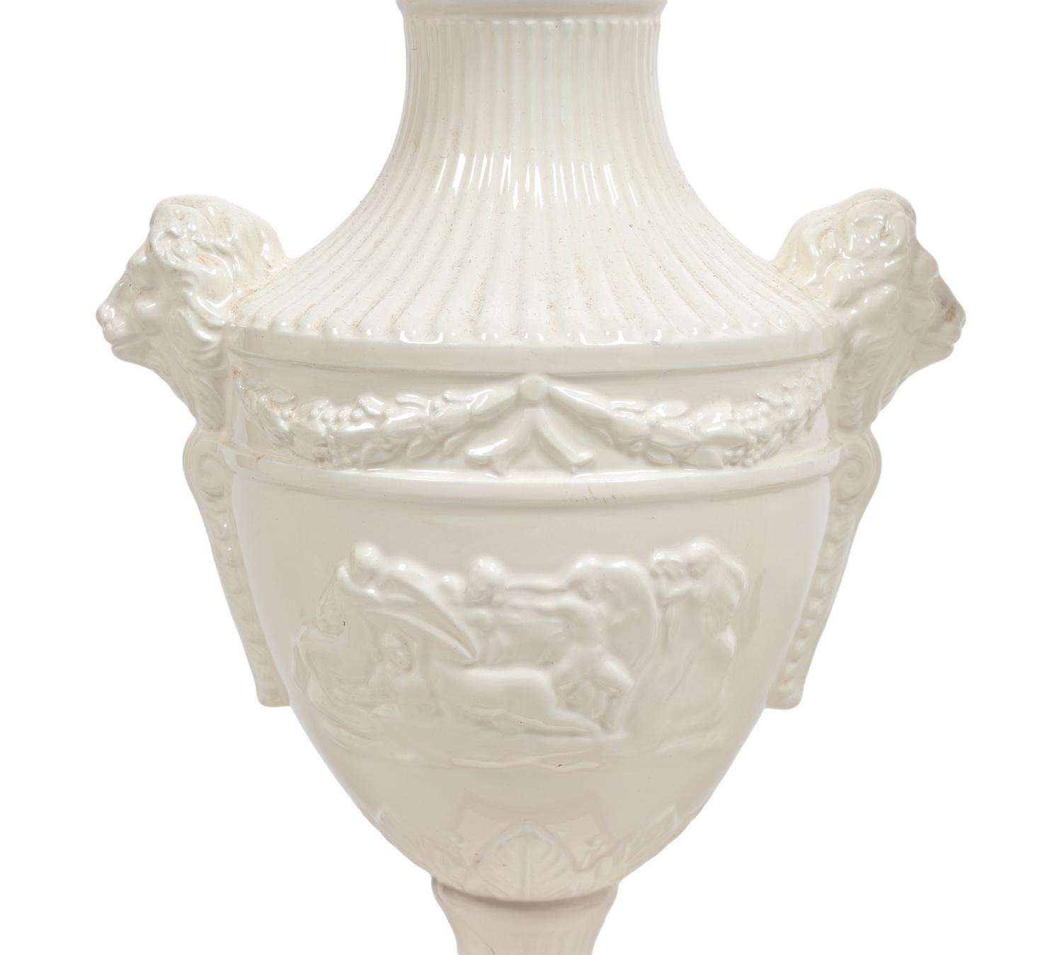Three Regency Style White Glazed Stoneware Urns Mounted as Lamps