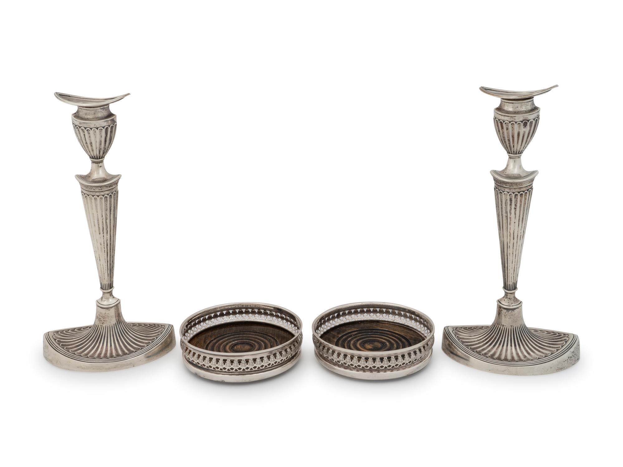 A Pair of English Silver Candlesticks and a Pair of English Silver Coasters — Hawksworth, Eyre & Co Ltd