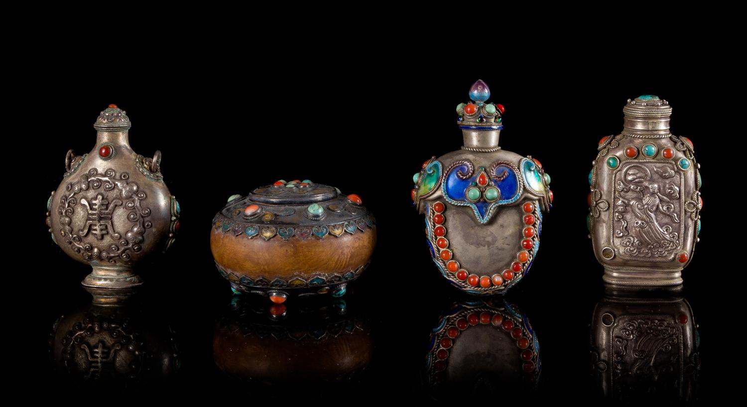 Three Tibetan Hardstone Inset Silver Snuff Bottles Height of tallest 3 1/2 inches. — 19TH CENTURY