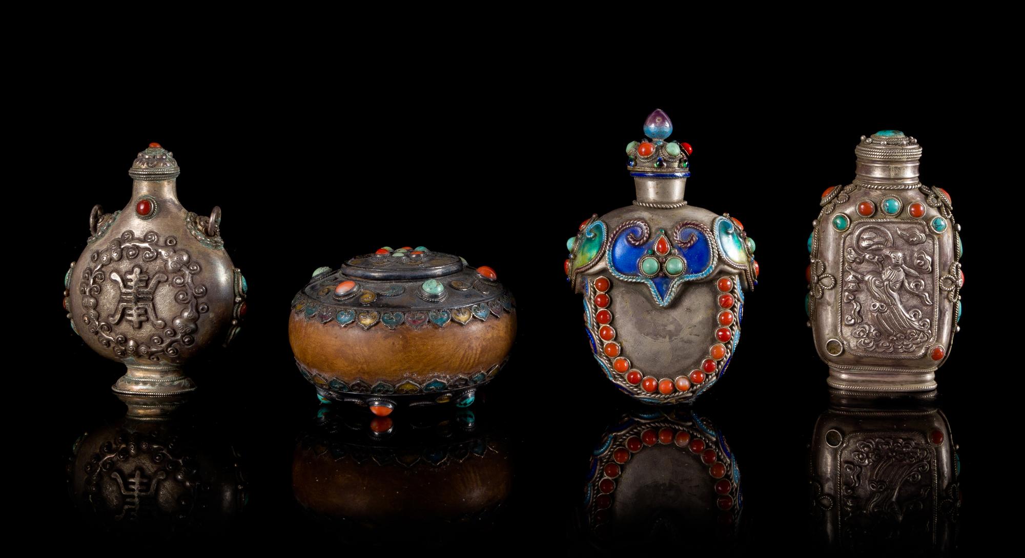 Three Tibetan Hardstone Inset Silver Snuff Bottles Height of tallest 3 1/2 inches. — 19TH CENTURY