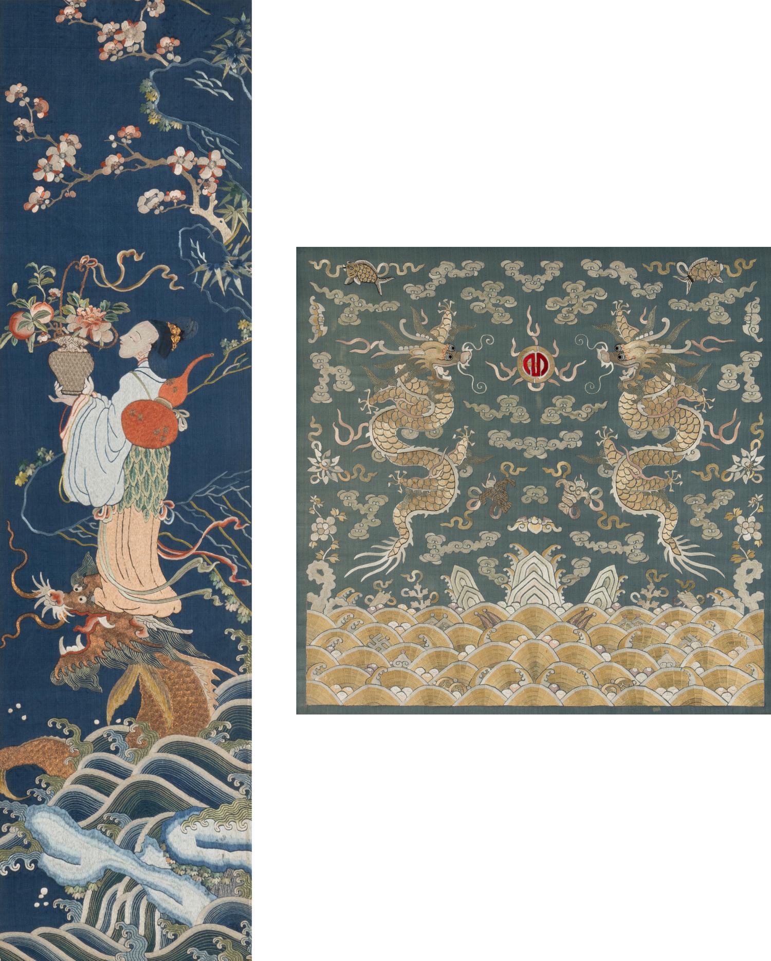 Two Chinese Embroidered Silk Panels, 19th Century 清晚期 藍地麻姑獻壽及雙龍戲珠綉片兩幅