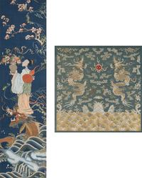 Two Chinese Embroidered Silk Panels, 19th Century 清晚期 藍地麻姑獻壽及雙龍戲珠綉片兩幅