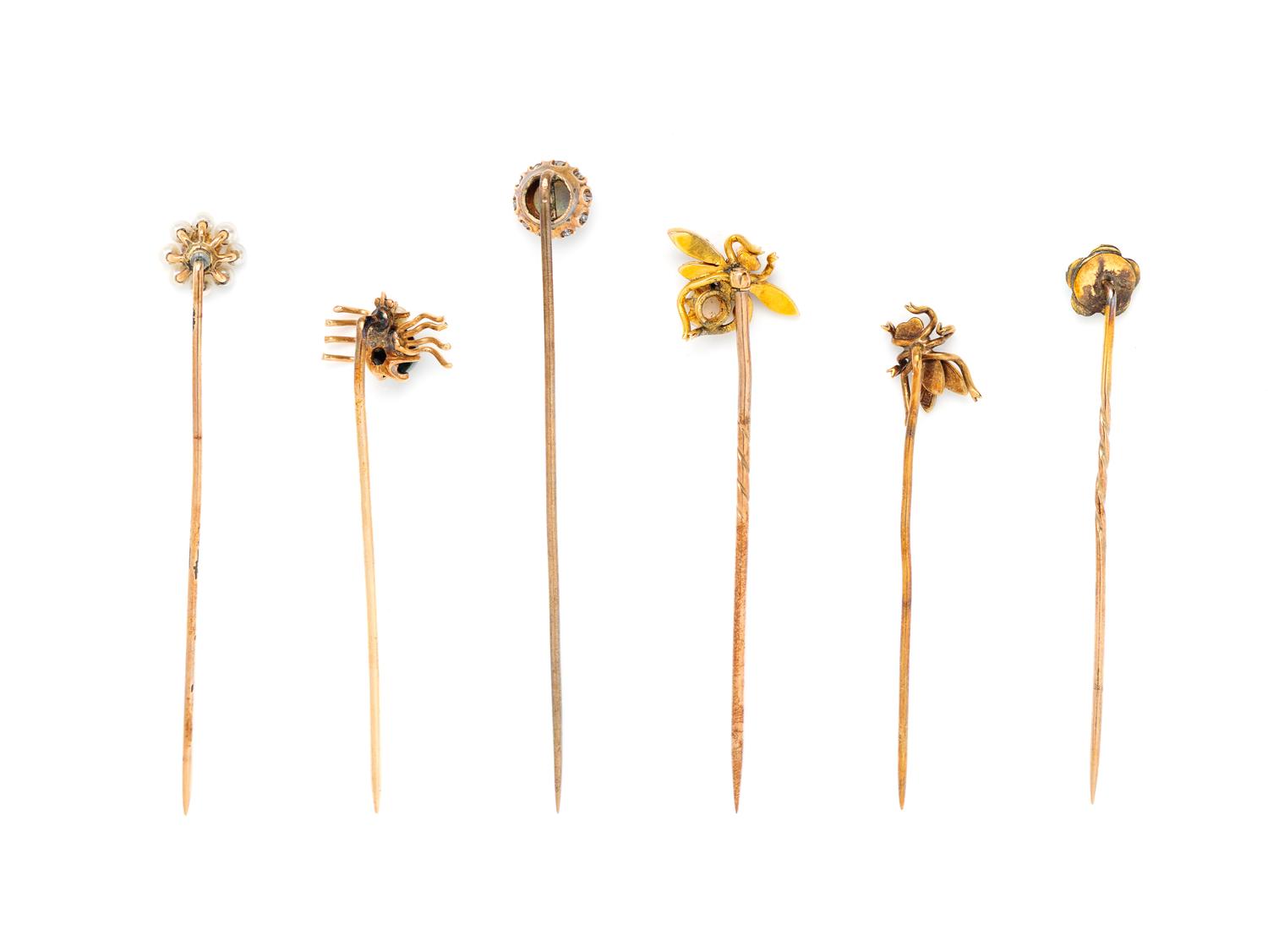 COLLECTION OF YELLOW GOLD AND MULTIGEM FLOWER AND INSECT MOTIF STICK PINS