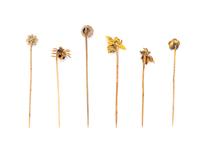 COLLECTION OF YELLOW GOLD AND MULTIGEM FLOWER AND INSECT MOTIF STICK PINS