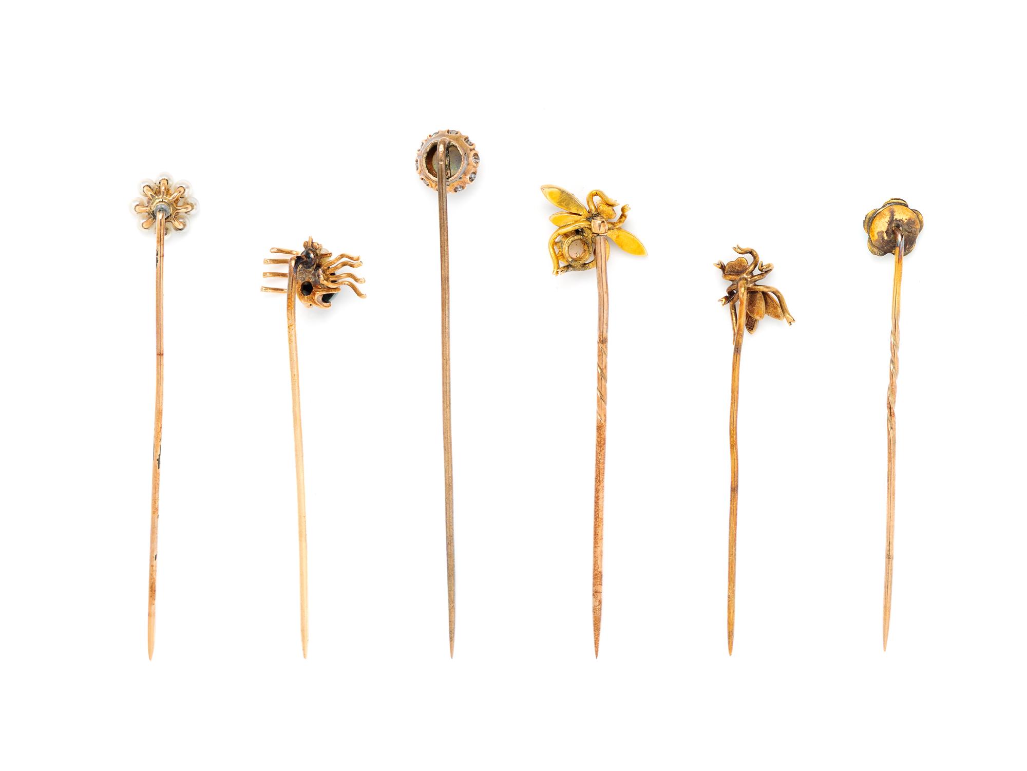 COLLECTION OF YELLOW GOLD AND MULTIGEM FLOWER AND INSECT MOTIF STICK PINS