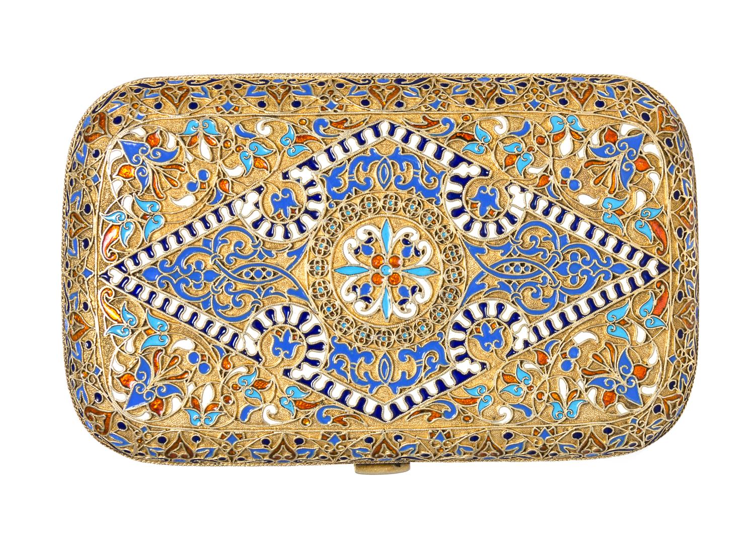 A Russian Enameled Silver-Gilt Cigarette Case, Ivan Khlebnikov, Moscow, Late 19th Century, of rectangular form with stylized floral scr
