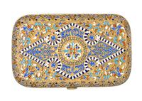 A Russian Enameled Silver-Gilt Cigarette Case, Ivan Khlebnikov, Moscow, Late 19th Century, of rectangular form with stylized floral scr