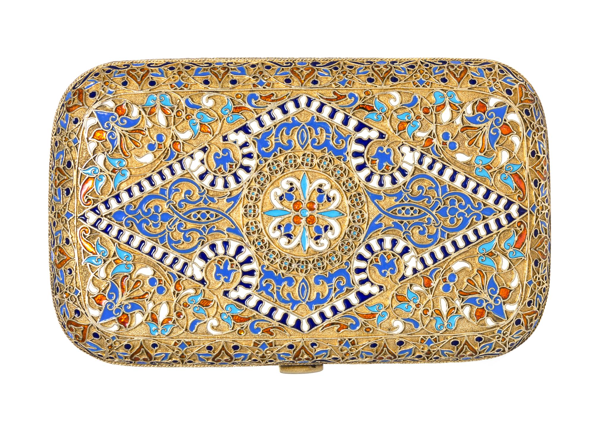 A Russian Enameled Silver-Gilt Cigarette Case, Ivan Khlebnikov, Moscow, Late 19th Century, of rectangular form with stylized floral scr