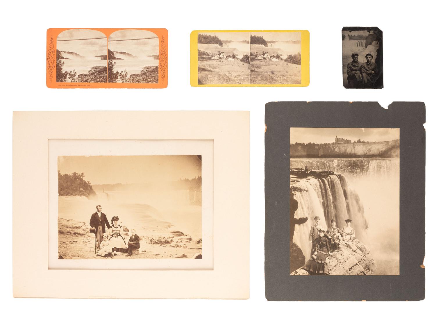 [EARLY PHOTOGRAPHY]. 6 photographs taken at Niagara Falls, incl. glass stereoview by Babbitt.