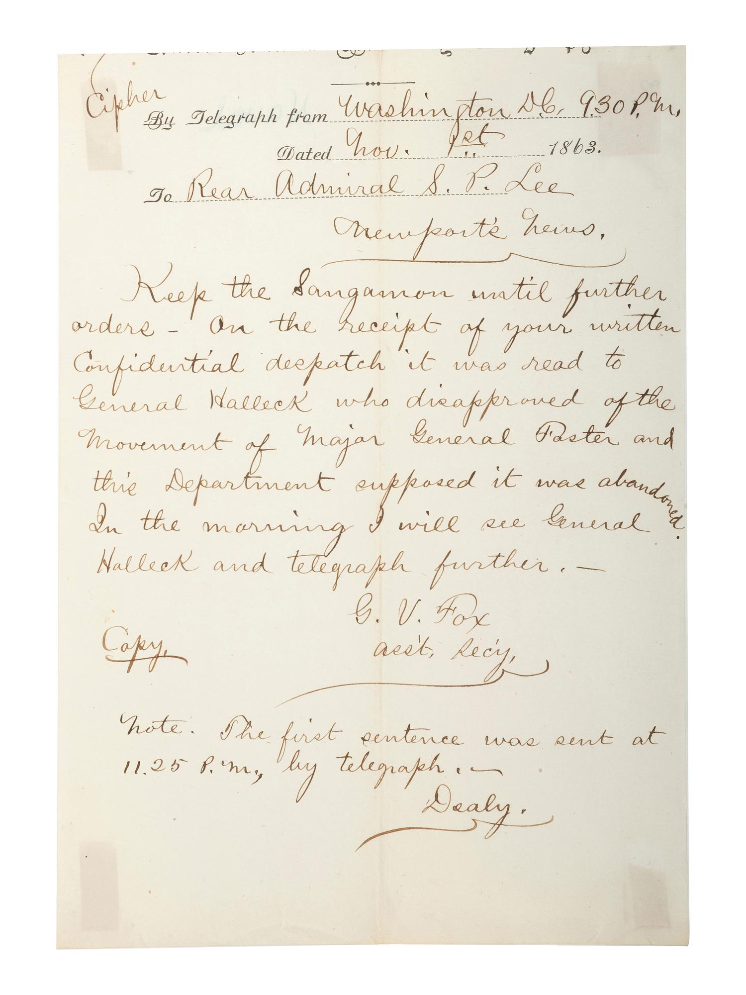 [CIVIL WAR - US NAVY]. LEE, Samuel Phillips (1812-1897). A group of 7 documents related to Rear Admiral Samuel P. Lee, incl. Vicksburg content and preparations for the Battle of Nashville.
