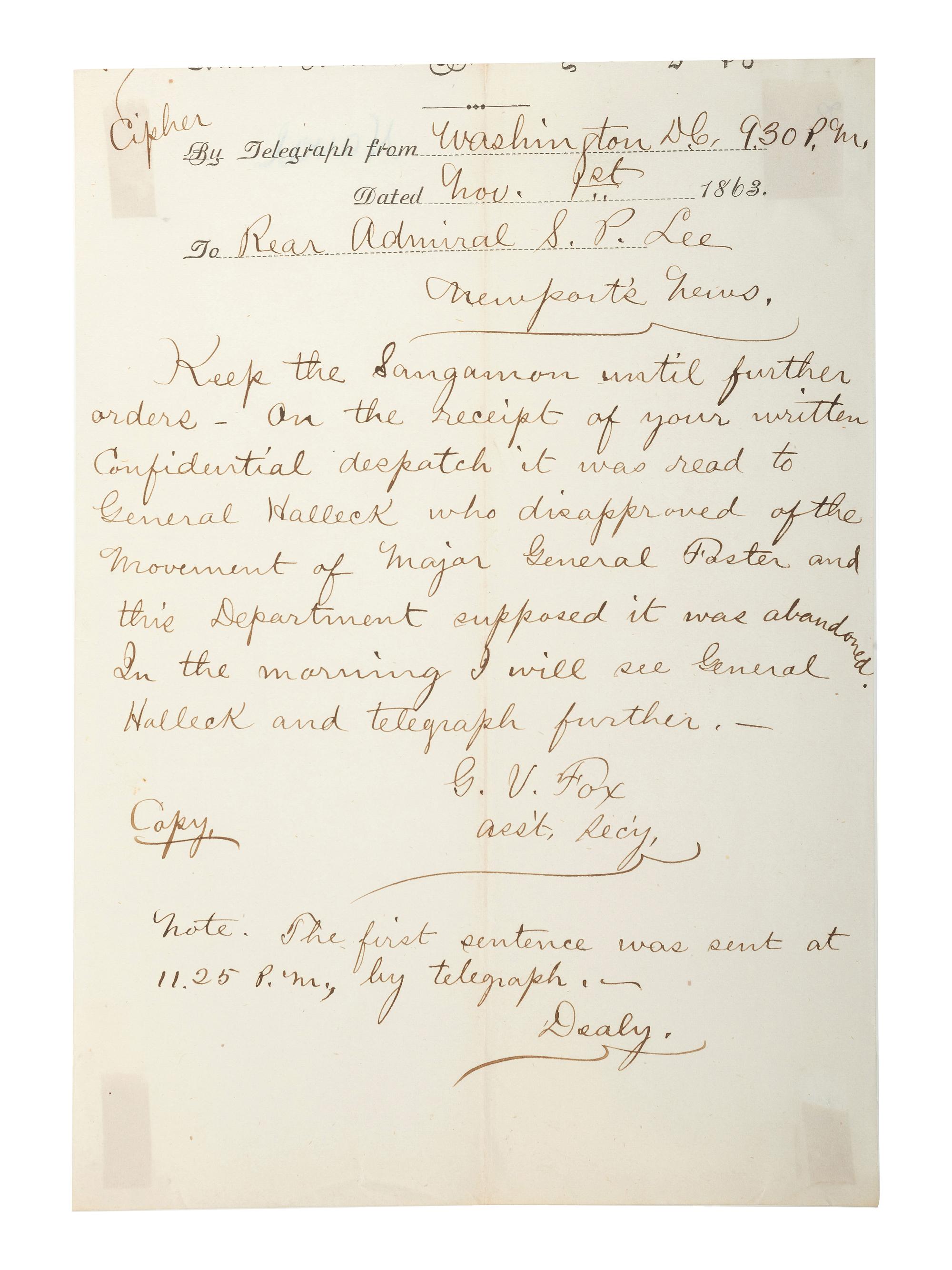 [CIVIL WAR - US NAVY]. LEE, Samuel Phillips (1812-1897). A group of 7 documents related to Rear Admiral Samuel P. Lee, incl. Vicksburg content and preparations for the Battle of Nashville.