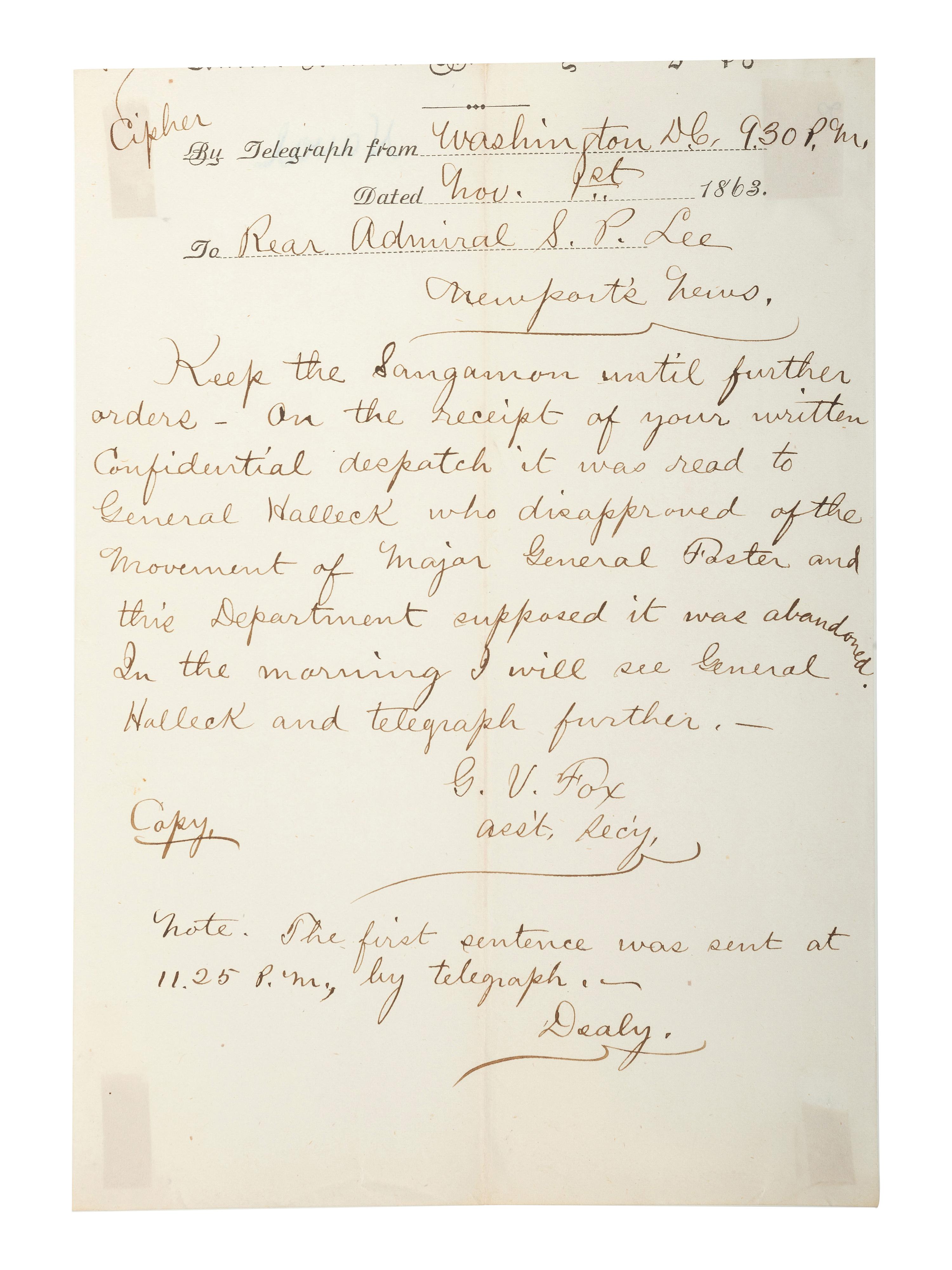 [CIVIL WAR - US NAVY]. LEE, Samuel Phillips (1812-1897). A group of 7 documents related to Rear Admiral Samuel P. Lee, incl. Vicksburg content and preparations for the Battle of Nashville.