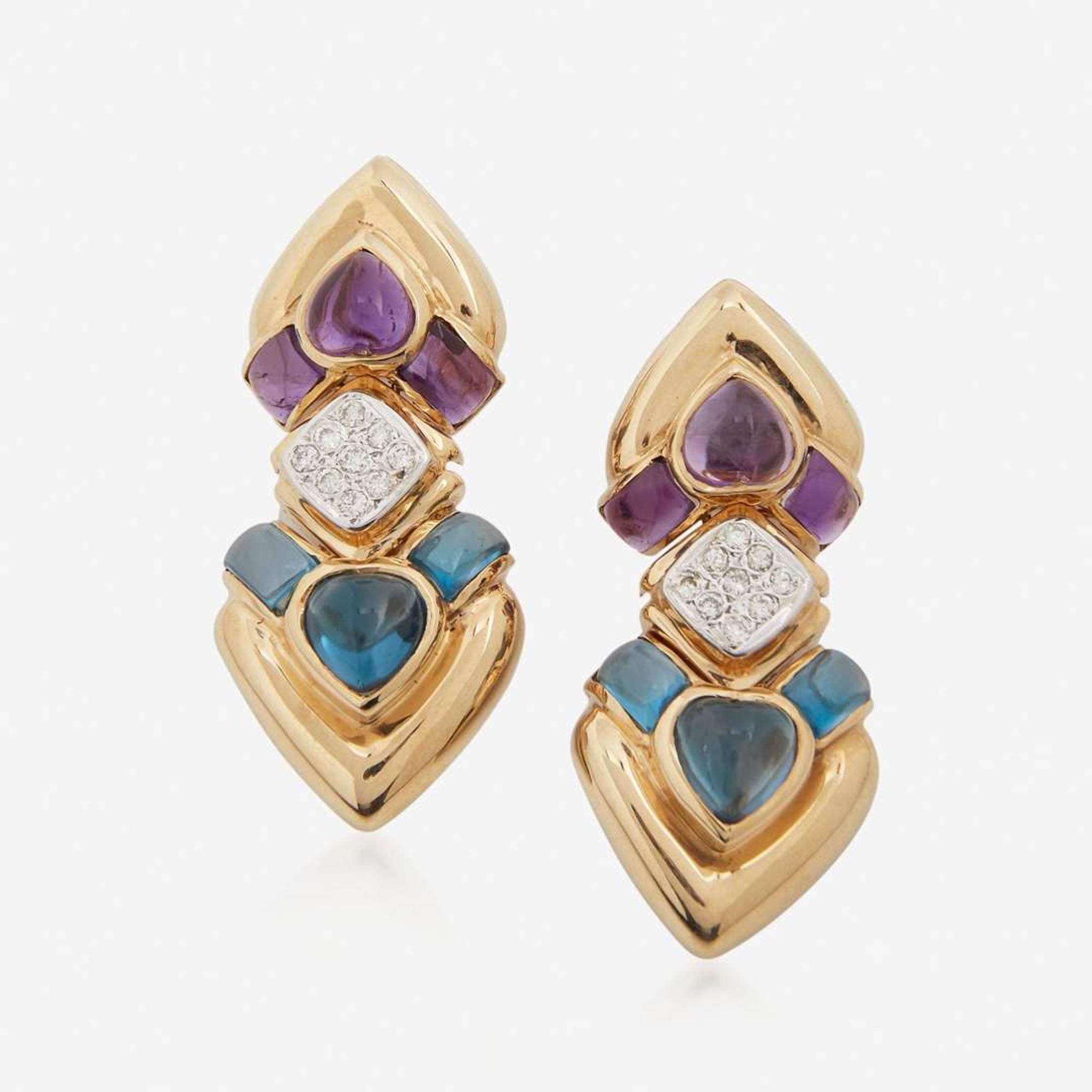 A Pair of 14K Yellow Gold and Gemstone Earrings