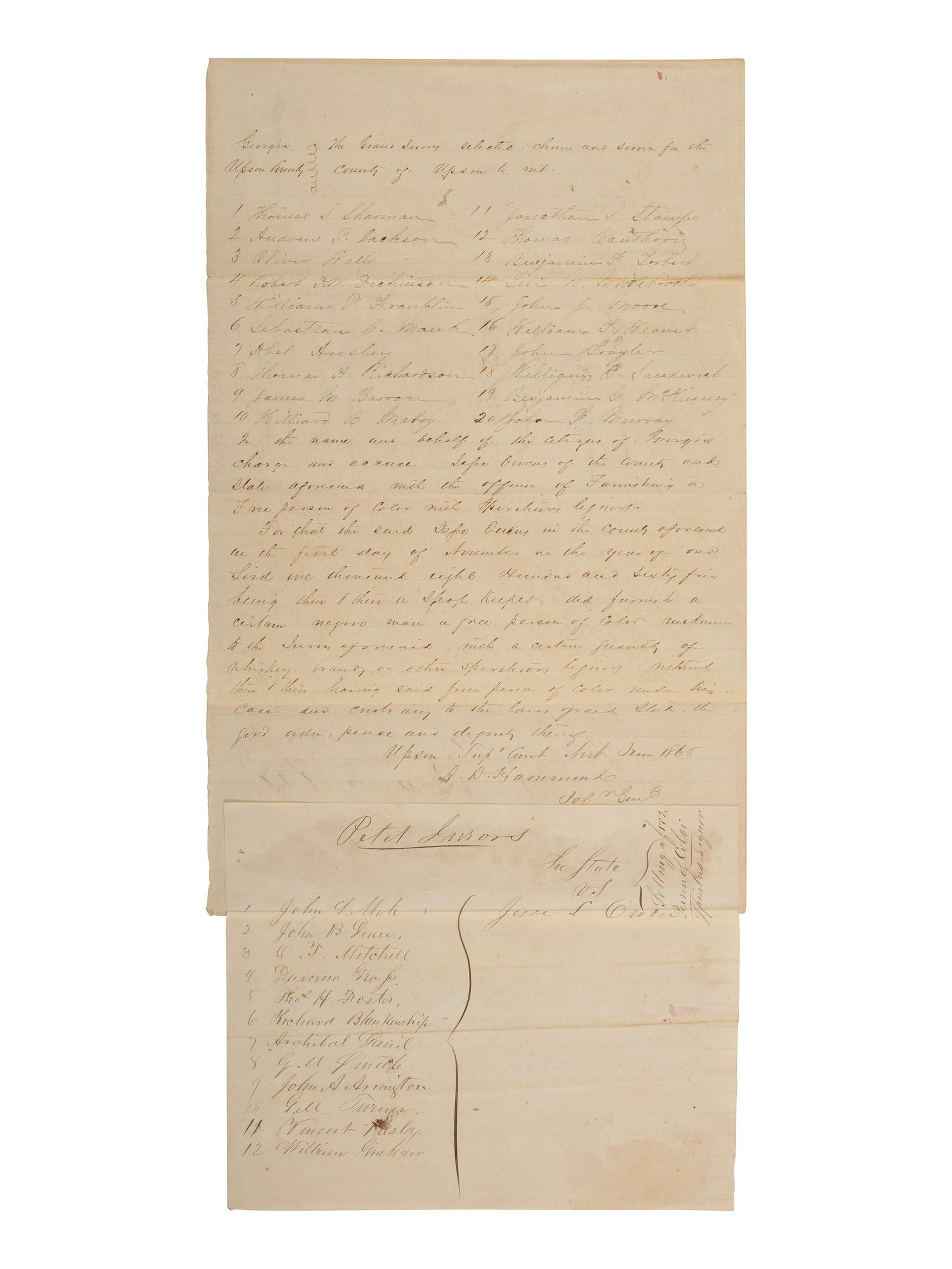 [ENSLAVEMENT & ABOLITION]. A pair of Georgia documents related to the selling of alcohol to African Americans. 1845, 1865.