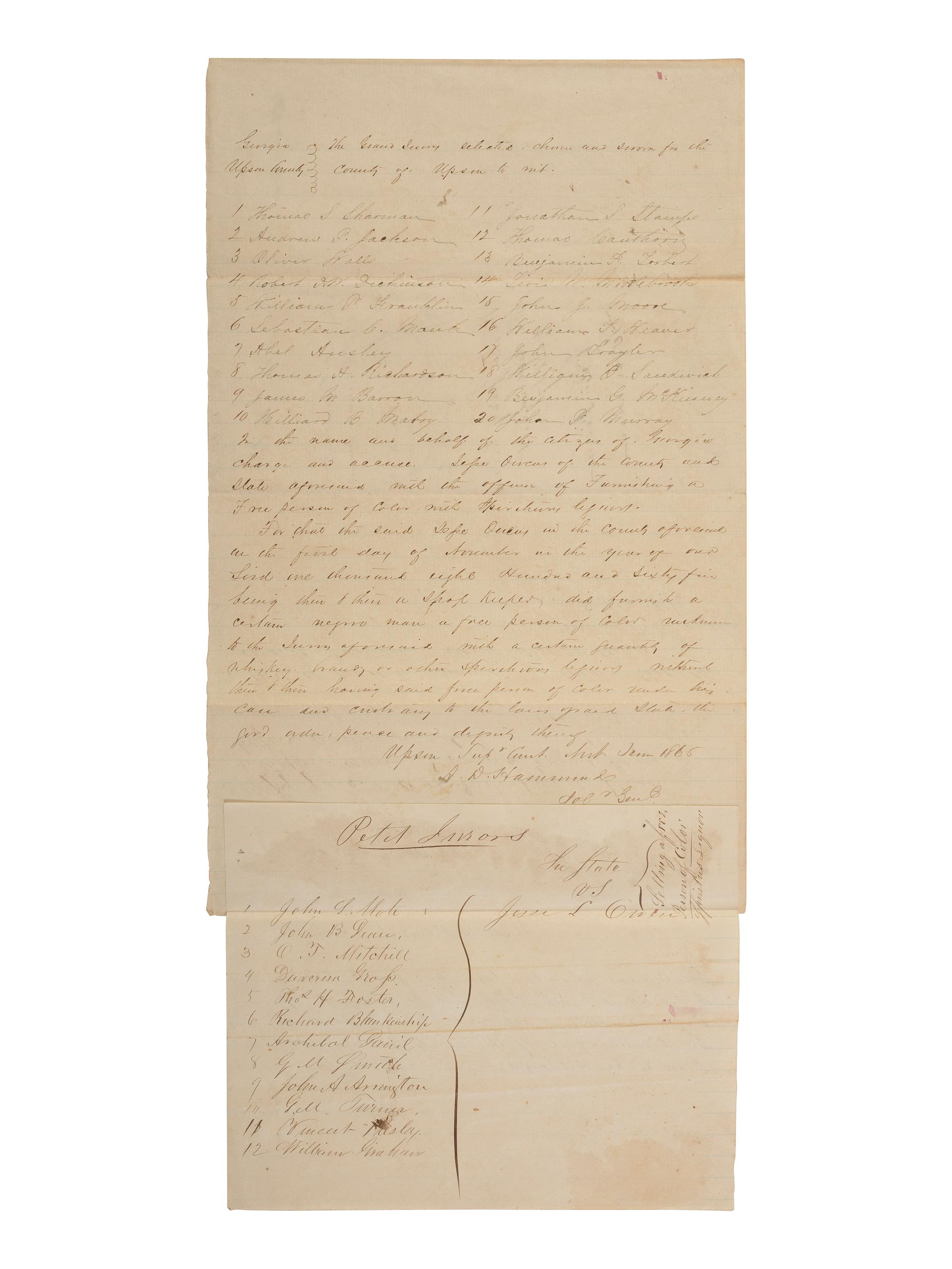 [ENSLAVEMENT & ABOLITION]. A pair of Georgia documents related to the selling of alcohol to African Americans. 1845, 1865.