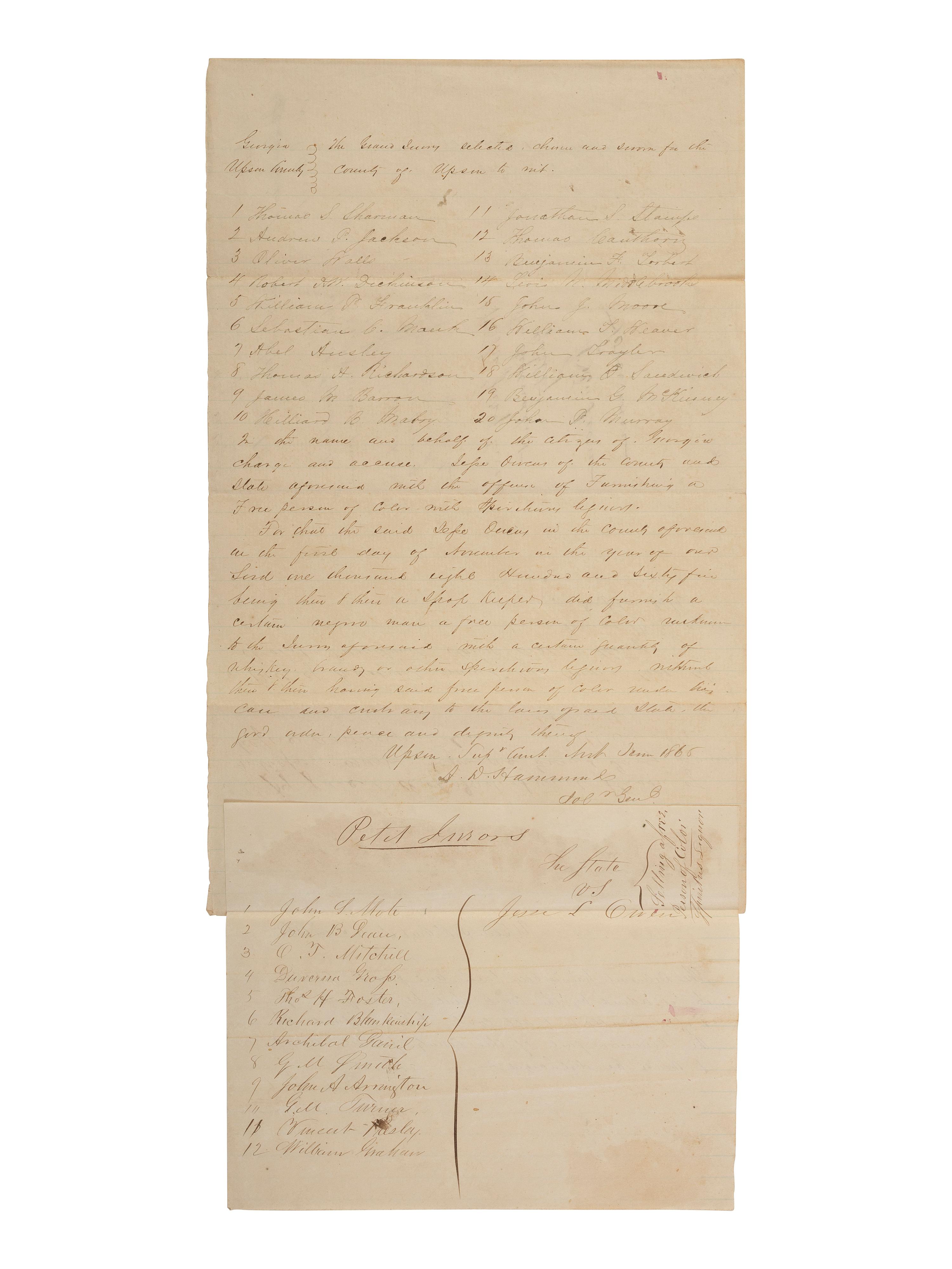 [ENSLAVEMENT & ABOLITION]. A pair of Georgia documents related to the selling of alcohol to African Americans. 1845, 1865.